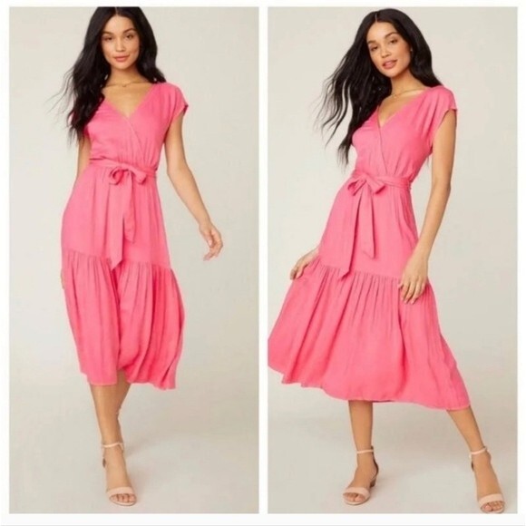 BB Dakota Holding On Tie Waist Tiered Midi Dress In Poppy Size Medium Pink - Picture 1 of 7